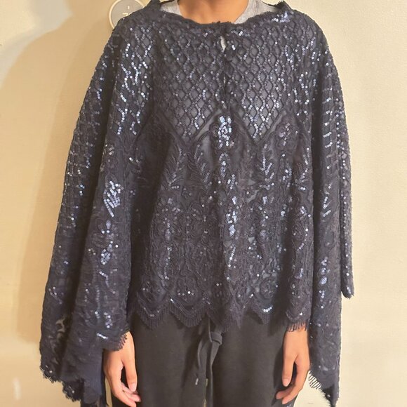 Tadashi Shoji Navy blue floral lace shimmering sequin Formal cover up/poncho